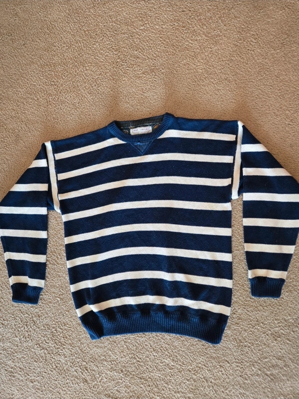Vintage John Ashford Navy and White Striped Crewneck Sweater